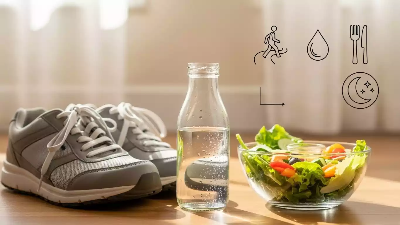 image showing balanced health habits: walking, healthy food, water intake, and sleep icons