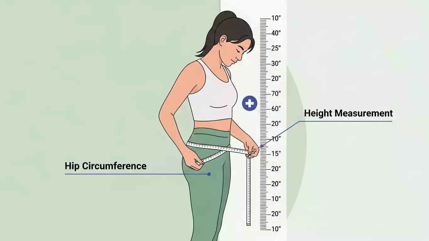 a person measuring hip circumference with a measuring tape, alongside a height scale.